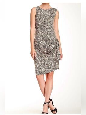 Betsey Johnson Vtg  12 Leopard Animal Print Ruched Midi Dress Cheetah Y2K